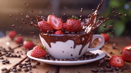 A high-energy shot of fresh strawberries and coffee beans exploding out of a chocolate-covered coffee cup, with dynamic splashes and a playful, indulgent appeal.. AI Generation