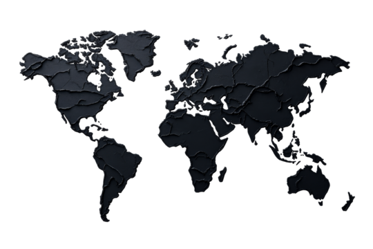 Detailed black world map with transparent background for design use