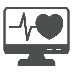 Monitor screen with cardiogram and heart solid icon, human rescue concept. Vector graphics. Display and heartbeat pulse sign on white background, glyph style icon for mobile or web design.