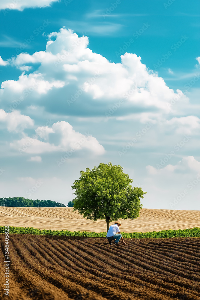 Poster a gardener is carefully examining the soil in an expansive field, surrounded by neatly arranged rows