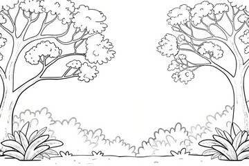 Tropical plant theme, Outline of trees and bushes in a serene, natural landscape scene. Outline for coloring.