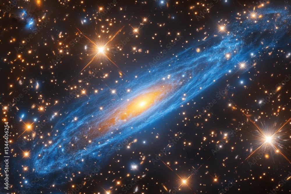Wall mural a galactic view showing a central galaxy surrounded by stars and cosmic dust in deep space