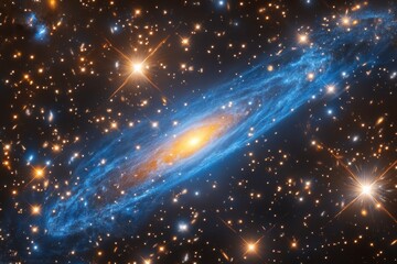 A galactic view showing a central galaxy surrounded by stars and cosmic dust in deep space