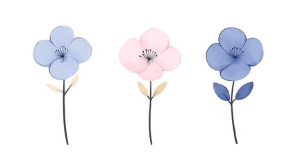 Three Simple Watercolor Flowers In Soft Pastel Hues Stand Alone