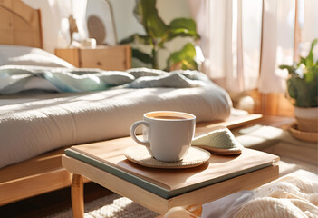 Fototapeta premium Bright morning scene in a bedroom with sunlight streaming through the window. A cup of coffee rests on a wooden table near the bed.
