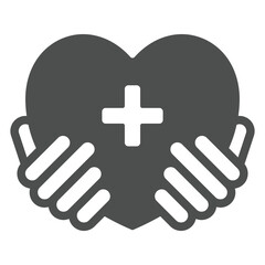 Obraz premium Hands holding heart with medical cross solid icon, human rescue concept. Vector graphics. Heart with plus in hands sign on white background, glyph style icon for mobile or web design.