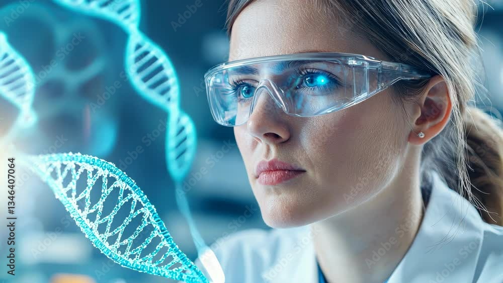 Poster scientist analyzing dna structure with futuristic technology.