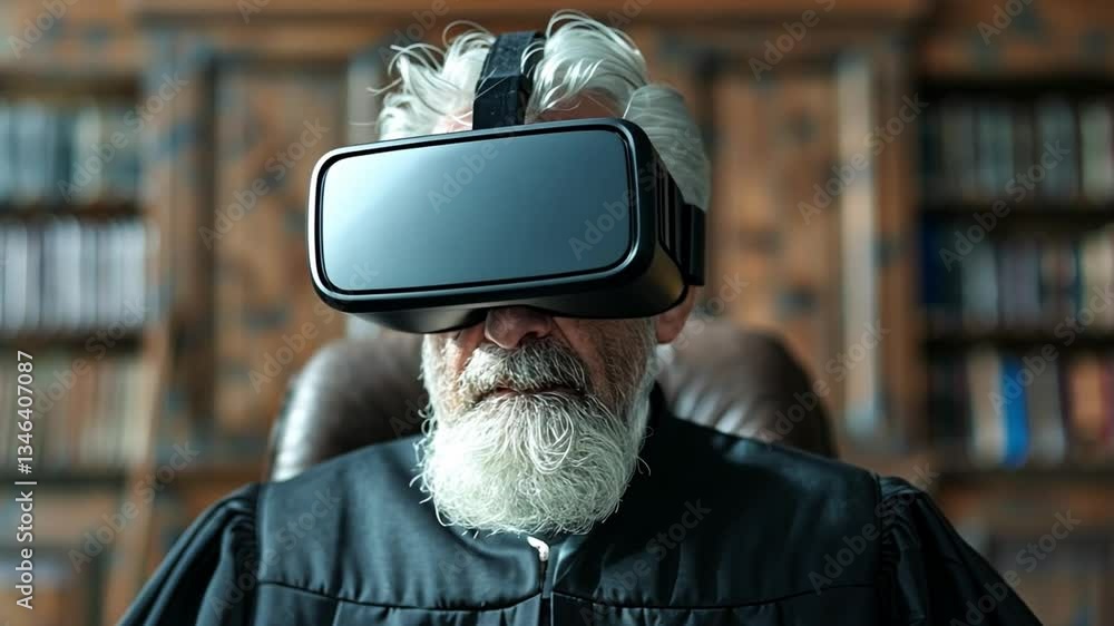 Poster virtual reality trial conducted by a judge in a high-tech courtroom with advanced ai technology