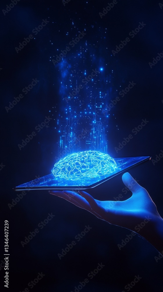 Poster a glowing holographic brain projects streams of data upward, showcased over a smartphone held in a h