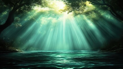 Fototapeta premium Sunlight streams through a mystical forest, illuminating a tranquil river. Lush greenery, deep shadows, and a serene ambiance