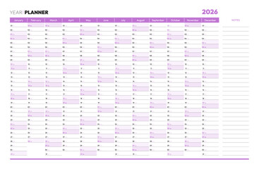 Blank purple 2026 year year planner, wall calendar for monthly and daily agenda. Schedule page journal, stationery calendar, organizer, planner template with twelve months vector illustration