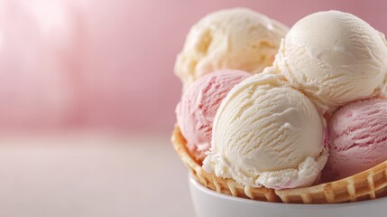 A colorful assortment of ice cream scoops served in a crispy waffle bowl, showcasing flavors like vanilla, strawberry, and raspberry, perfect for dessert lovers.