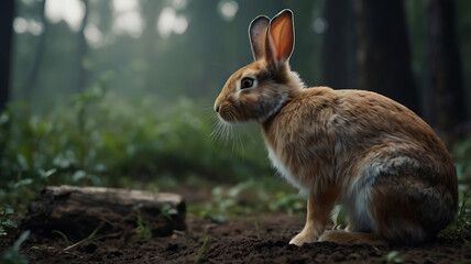 Fototapeta premium Alert Brown Rabbit Sitting in Forest Glade with Misty Background