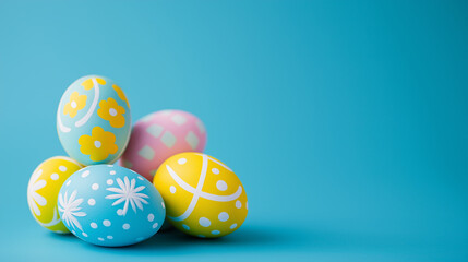 Fototapeta premium Colorful Decorated Easter Eggs on Light Blue Background
