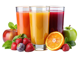 Assorted fresh fruit juices with berries and citrus - Three glasses of fresh fruit juice in vibrant colors, surrounded by apples, oranges, strawberries, and berries, representing healthy and natural r