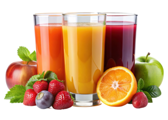 Assorted fresh fruit juices with berries and citrus - Three glasses of fresh fruit juice in vibrant colors, surrounded by apples, oranges, strawberries, and berries, representing healthy and natural r