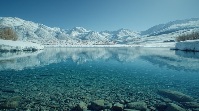 Crystal-clear lake reflecting snow-capped mountains under a vibrant blue sky - Powered by Adobe
