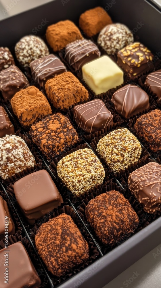 Poster a neatly arranged box of assorted gourmet chocolate truffles with diverse textures and colors. perfe