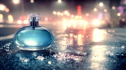 A perfume bottle glistening with rain on a city street at night