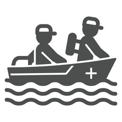Motorboat with lifeguard team solid icon, human rescue concept. Vector graphics. Boat with rescuers, paramedic sign on white background, glyph style icon for mobile or web design.