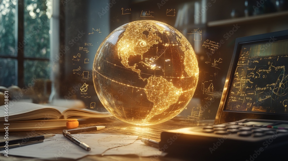 Poster a digital globe emitting a warm glow, set on a cluttered desk with calculators, notebooks, and pens.