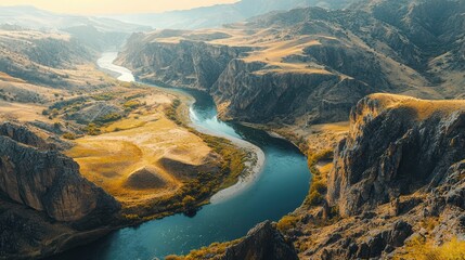 Scenic Aerial View of Serene River Flowing Through Rocky Landscape