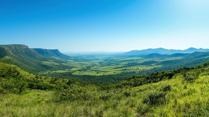Expansive Green Valley and Mountains Under Clear Blue Sky