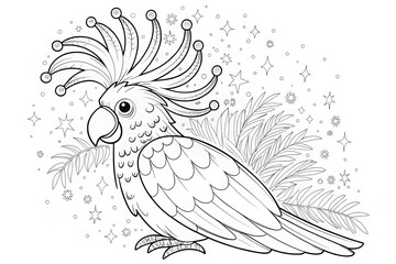 Obraz premium Tropical animal theme, Illustration of a whimsical bird surrounded by stars and foliage. Outline for coloring