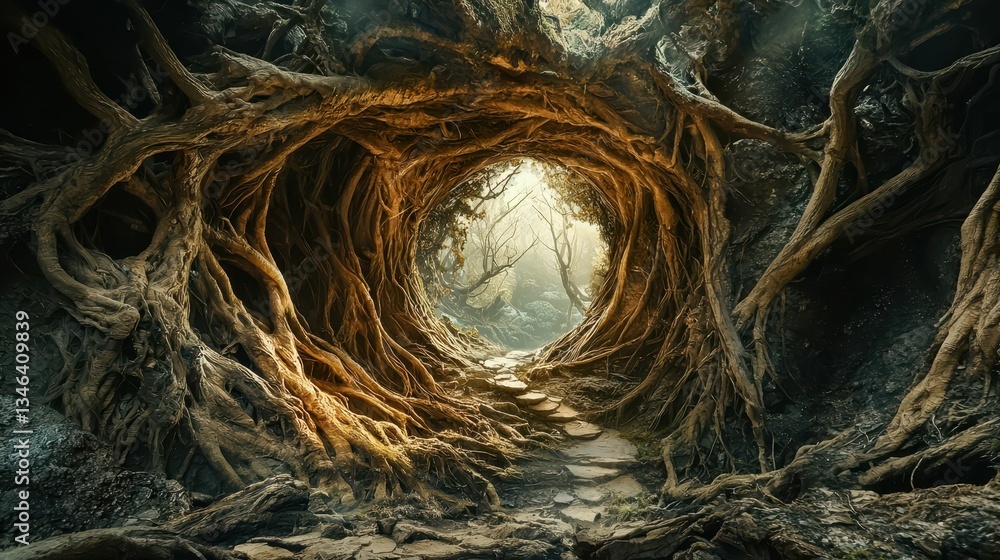 Poster enchanted forest tunnel with twisting roots and soft light