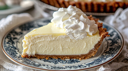 A slice of creamy cheesecake with a golden graham cracker crust, topped with swirls of whipped cream, served on a decorative blue and white plate against a soft, blurred background