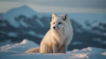 Obraz premium Arctic Fox Sitting on Snow Landscape with Mountain Background