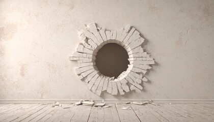 Breaking Barriers: A hole bursts through a textured wall, creating a dramatic visual of destruction and potential. Symbolic of breakthrough, challenge, and innovative concepts.