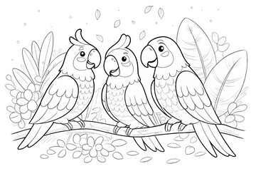 Obraz premium Tropical animal theme, Three outlined parrots perched on a branch surrounded by foliage. Outline for coloring