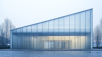 Fototapeta premium Modern glass building in a park, tranquil scene, minimalist architecture