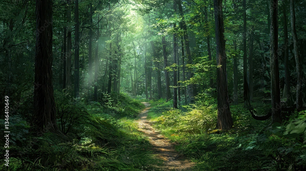 Poster serene forest pathway with sunlight filtering through trees