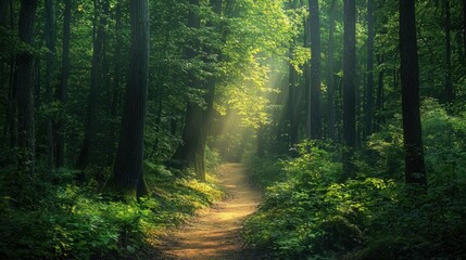 Obraz premium Serene Sunlight Filtering Through Lush Green Forest Pathway