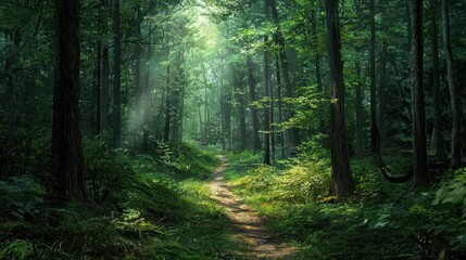 Obraz premium Serene Forest Pathway with Sunlight Filtering Through Trees