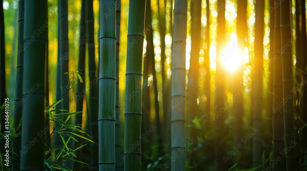 Poster sunlight filtering through bamboo stalks in serene forest setting