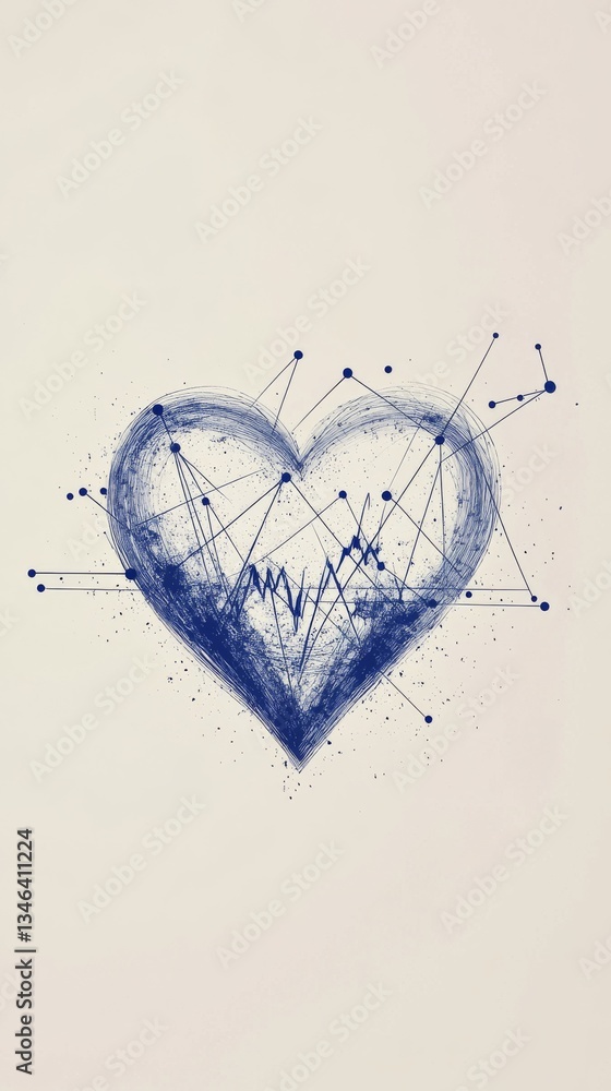 Poster a creative abstract heart in shades of blue, featuring geometric lines and dots connecting its surfa