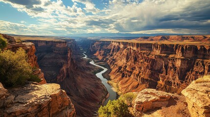 Majestic Canyon Landscape with River and Dramatic Sky at Sunset