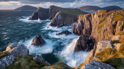 Fototapeta premium Dramatic Coastal Landscape with Waves Crashing on Rocky Cliffs