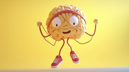 A joyful 3D brain character in motion, jumping rope with excitement. Dressed in sporty red sneakers, it's an ideal visual for fitness, mental health, and motivational campaigns.. AI Generation