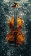 Fototapeta premium Violin submerged in water, enveloped by splashing ripples and bubbles