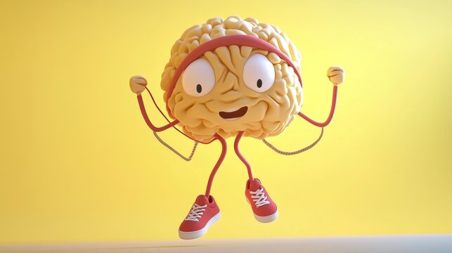 A joyful 3D brain character in motion, jumping rope with excitement. Dressed in sporty red sneakers, it's an ideal visual for fitness, mental health, and motivational campaigns.. AI Generation