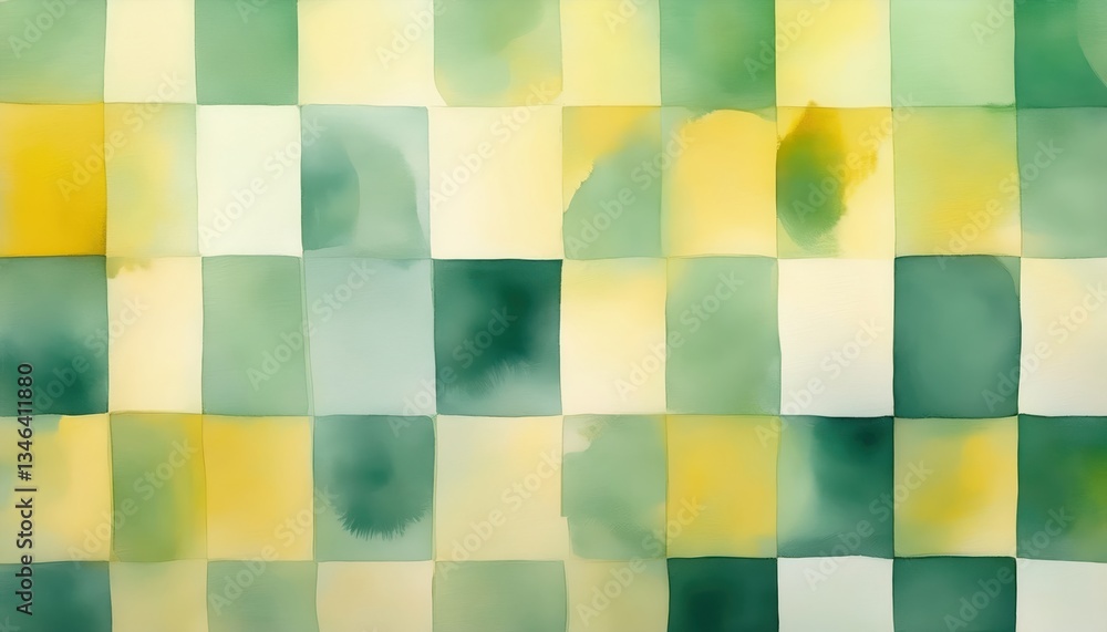 Poster abstract watercolor checkered pattern with green and yellow hues, soft artistic background for texti