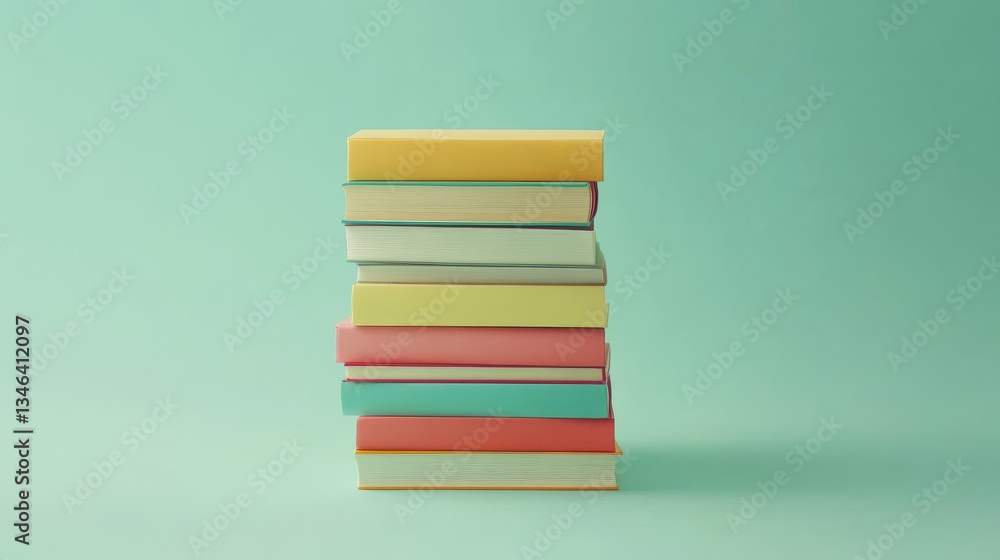 Poster a neatly arranged stack of hardcover books in vibrant colors, set against a soft green backdrop. ide