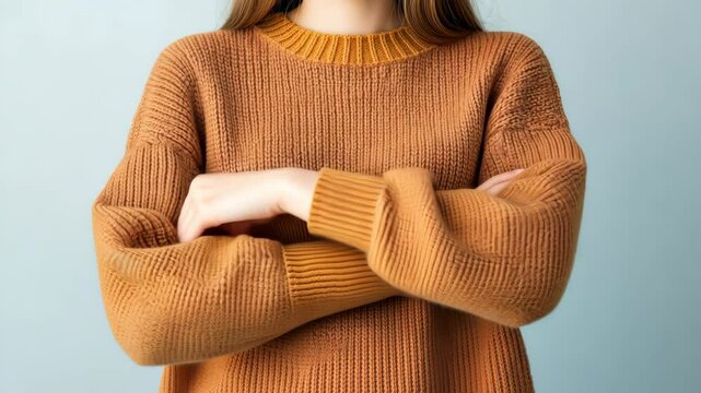 Woman in sweater crossing arms, soft light