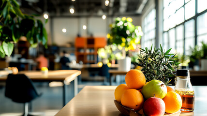 Still life with fruit bowl, plant, and bottle in bright office setting. A focus on fresh produce and a modern workspace.