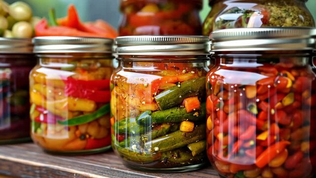 Homemade pickles displayed in glass jars at a local market in the summer