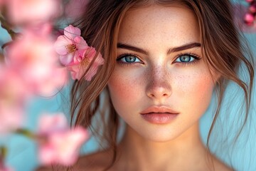 Naklejka premium Pretty caucasian young woman surrounded by cherry blossoms. Spring mood, golden hour in sunset. Commercial conceptual art. Spring fashion with woman and blossoms.